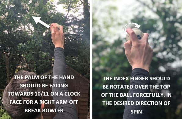 Hand and finger positions for a right arm off break bowler