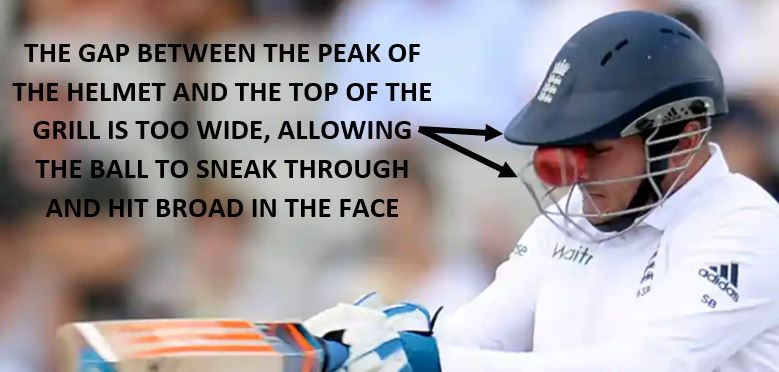 Stuart Broad getting hit on the helmet by a ball 